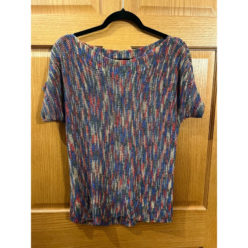 Boho Chic Eclectic OpenKnit Multicolor Sweater Marled Short Sleeve Boat Neck Sml